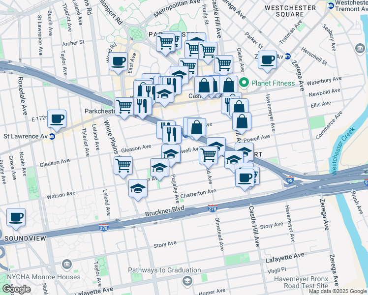 map of restaurants, bars, coffee shops, grocery stores, and more near 2044 Cross Bronx Expressway in Bronx