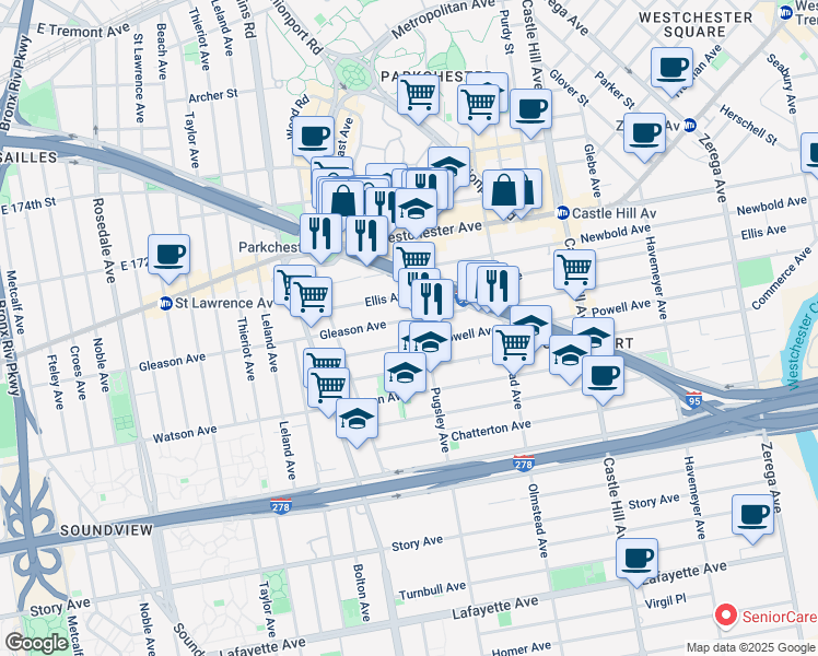 map of restaurants, bars, coffee shops, grocery stores, and more near 1212 Pugsley Avenue in Bronx