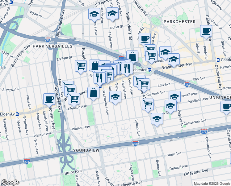map of restaurants, bars, coffee shops, grocery stores, and more near 1252 Beach Avenue in Bronx