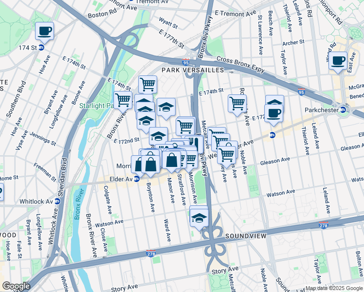 map of restaurants, bars, coffee shops, grocery stores, and more near in The Bronx