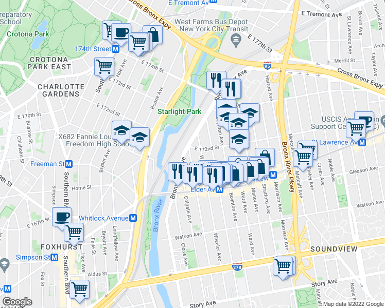 map of restaurants, bars, coffee shops, grocery stores, and more near 1311 Wheeler Avenue in Bronx