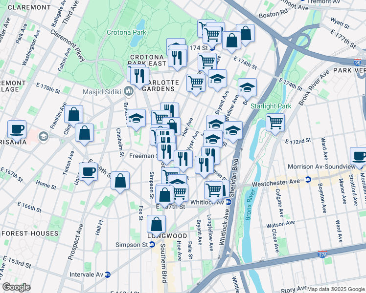 map of restaurants, bars, coffee shops, grocery stores, and more near 1312 Hoe Avenue in Bronx