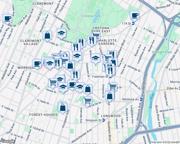 map of restaurants, bars, coffee shops, grocery stores, and more near in The Bronx