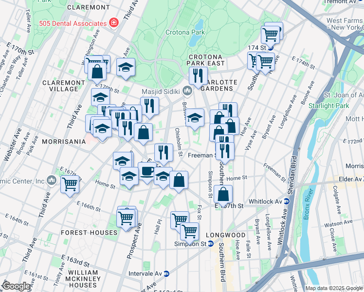 map of restaurants, bars, coffee shops, grocery stores, and more near 1333 Chisholm Street in Bronx