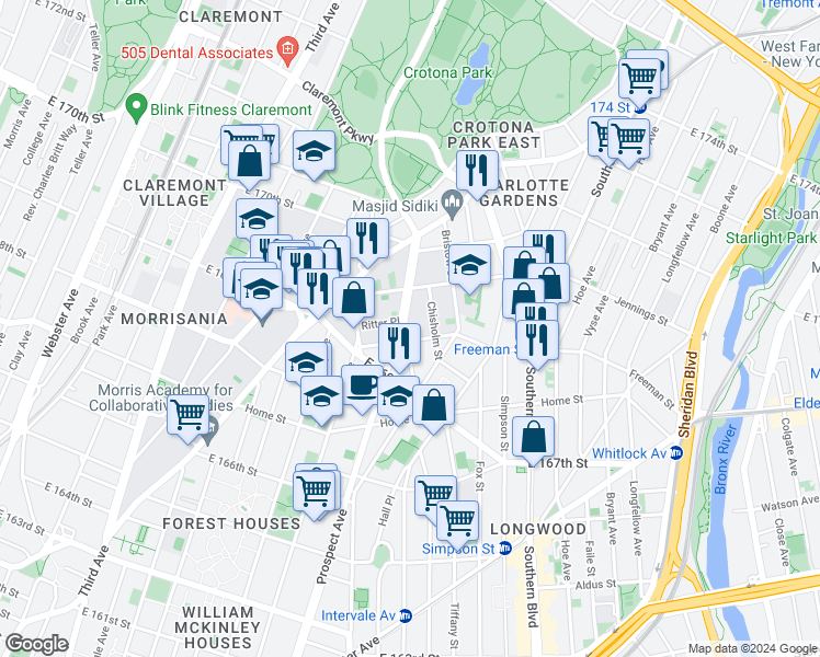 map of restaurants, bars, coffee shops, grocery stores, and more near in The Bronx