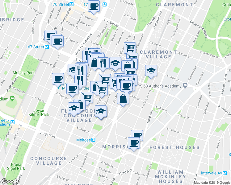 map of restaurants, bars, coffee shops, grocery stores, and more near 1148 Findlay Avenue in Bronx