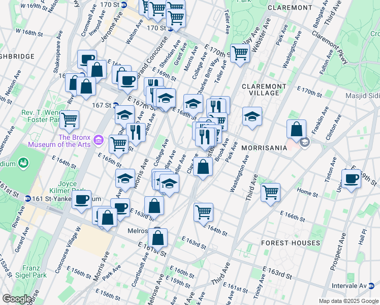 map of restaurants, bars, coffee shops, grocery stores, and more near 1148 Findlay Avenue in Bronx