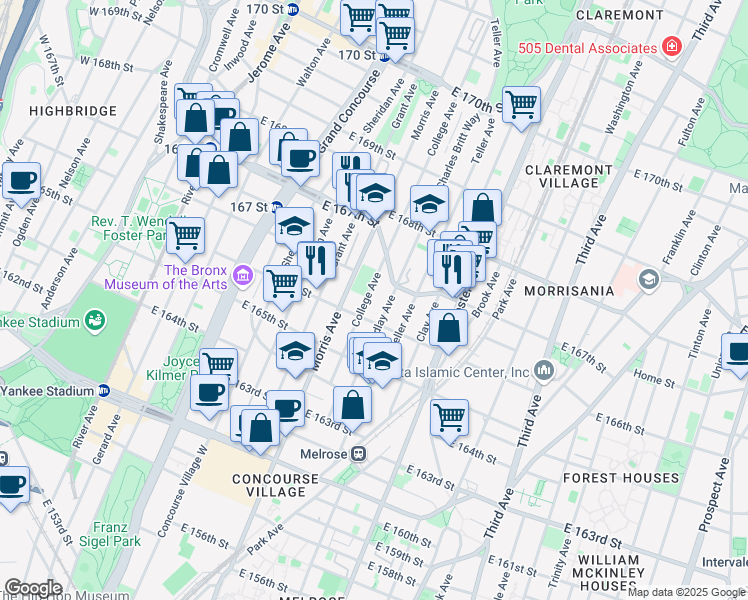 map of restaurants, bars, coffee shops, grocery stores, and more near 1150 College Avenue in Bronx
