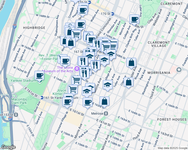 map of restaurants, bars, coffee shops, grocery stores, and more near 1114 Sherman Avenue in The Bronx