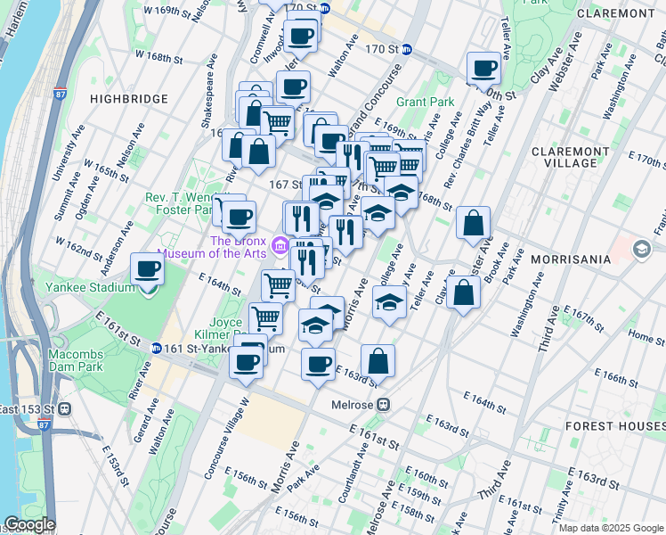 map of restaurants, bars, coffee shops, grocery stores, and more near 1114 Sherman Avenue in The Bronx