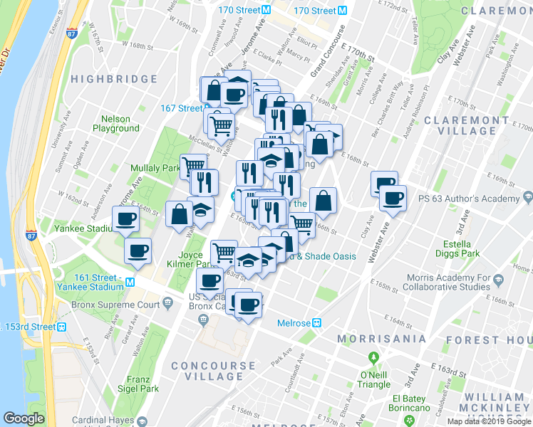 map of restaurants, bars, coffee shops, grocery stores, and more near 195 East 166th Street in Bronx
