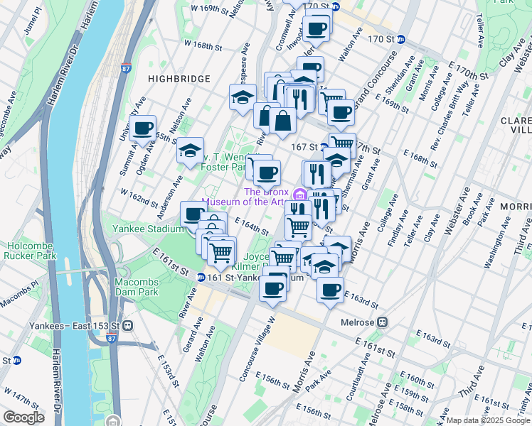 map of restaurants, bars, coffee shops, grocery stores, and more near 1050 Fulton Avenue in Bronx