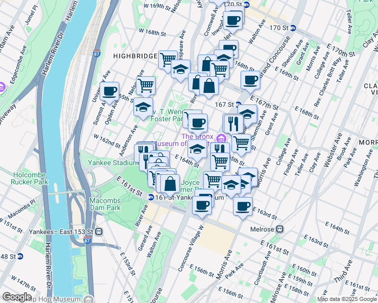 map of restaurants, bars, coffee shops, grocery stores, and more near in The Bronx