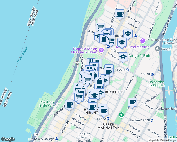 map of restaurants, bars, coffee shops, grocery stores, and more near 625 West 152nd Street in New York