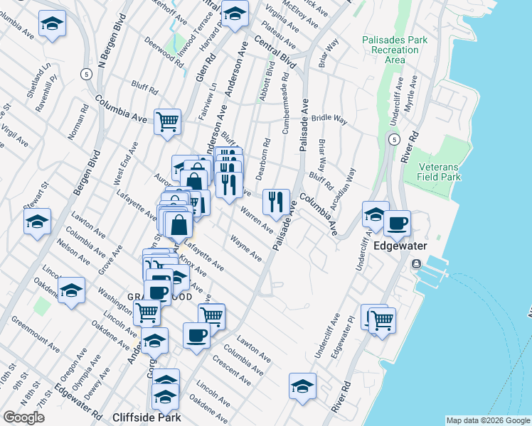 map of restaurants, bars, coffee shops, grocery stores, and more near 1002 Cumbermeade Road in Fort Lee