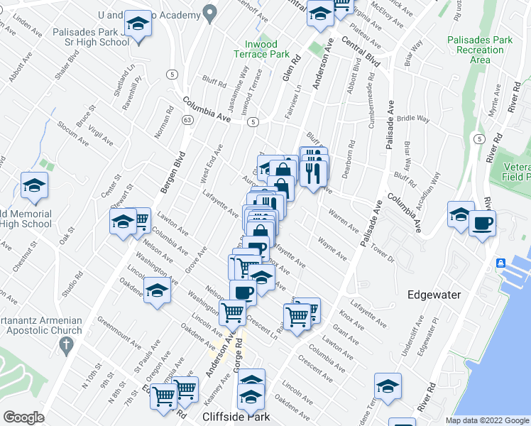 map of restaurants, bars, coffee shops, grocery stores, and more near 364 Aurora Avenue in Cliffside Park