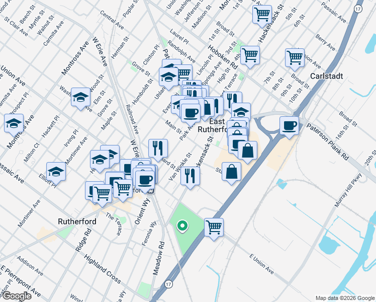 map of restaurants, bars, coffee shops, grocery stores, and more near 165 Main Street in East Rutherford