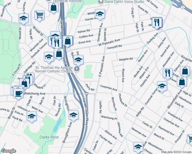 map of restaurants, bars, coffee shops, grocery stores, and more near 628 East Passaic Avenue in Bloomfield
