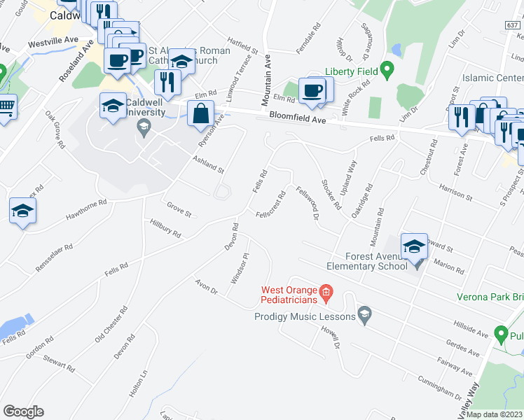 map of restaurants, bars, coffee shops, grocery stores, and more near 143 Fells Road in Essex Fells