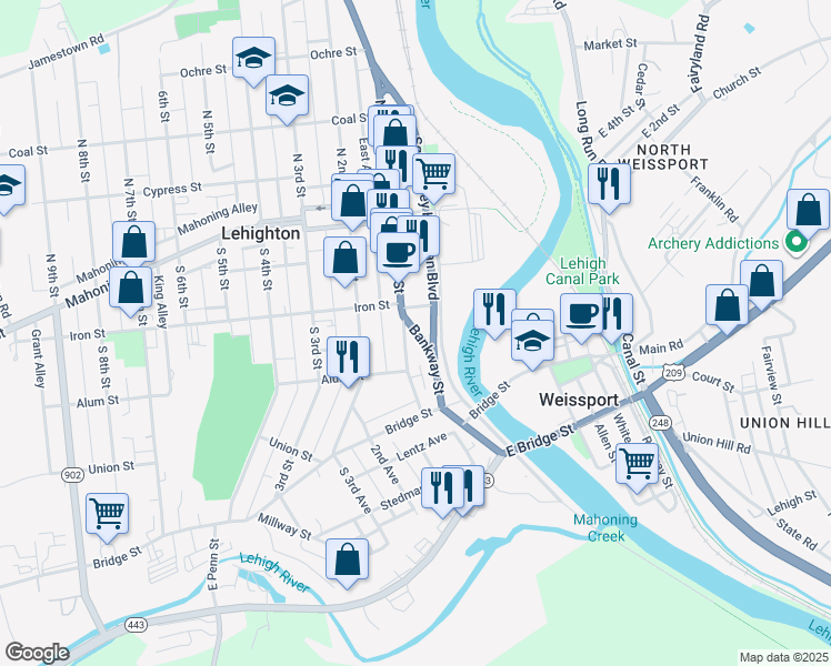 map of restaurants, bars, coffee shops, grocery stores, and more near 215 South 1st Street in Lehighton