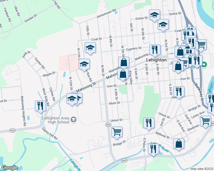 map of restaurants, bars, coffee shops, grocery stores, and more near 837-899 Mahoning Street in Lehighton