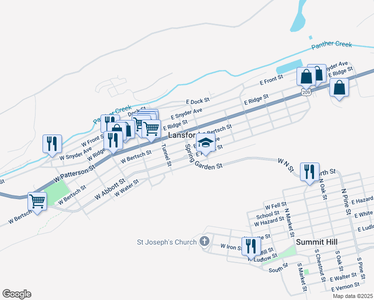 map of restaurants, bars, coffee shops, grocery stores, and more near in Lansford