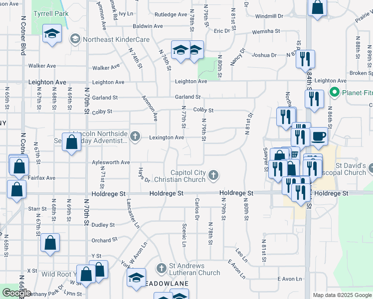map of restaurants, bars, coffee shops, grocery stores, and more near 1841 Ridgehaven Court in Lincoln