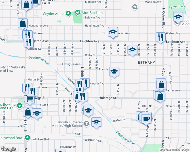 map of restaurants, bars, coffee shops, grocery stores, and more near 1845 North 58th Street in Lincoln