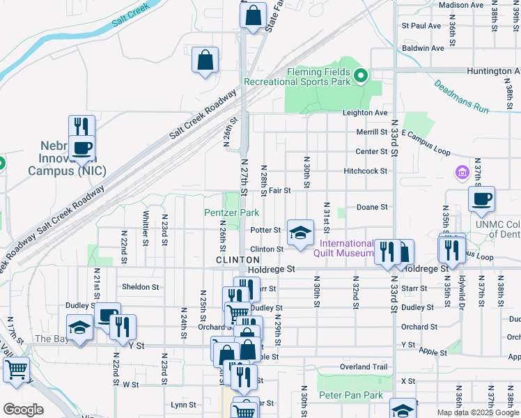 map of restaurants, bars, coffee shops, grocery stores, and more near 1827 North 28th Street in Lincoln