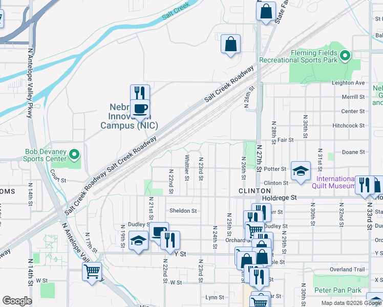 map of restaurants, bars, coffee shops, grocery stores, and more near 1823 Whittier Street in Lincoln
