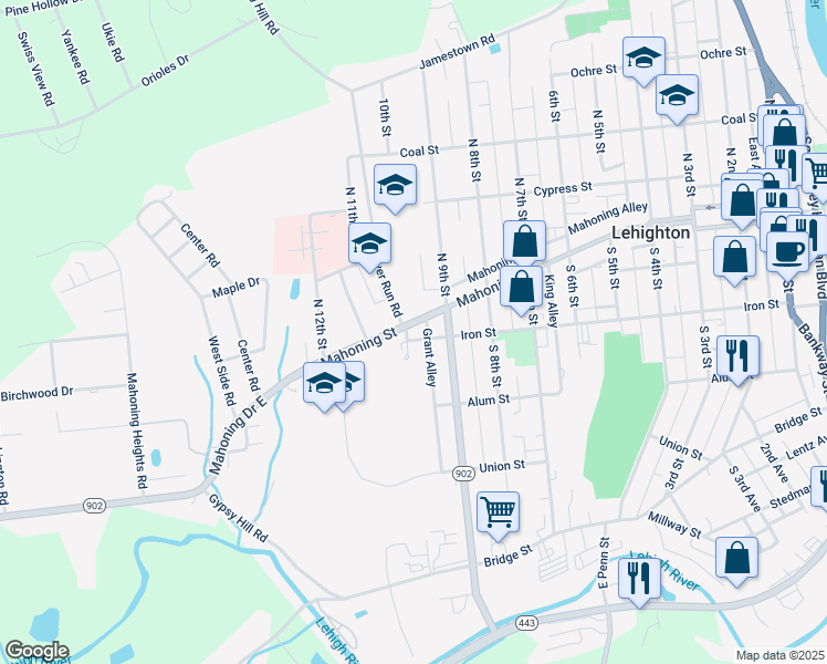 map of restaurants, bars, coffee shops, grocery stores, and more near 105 South 10th Street in Lehighton