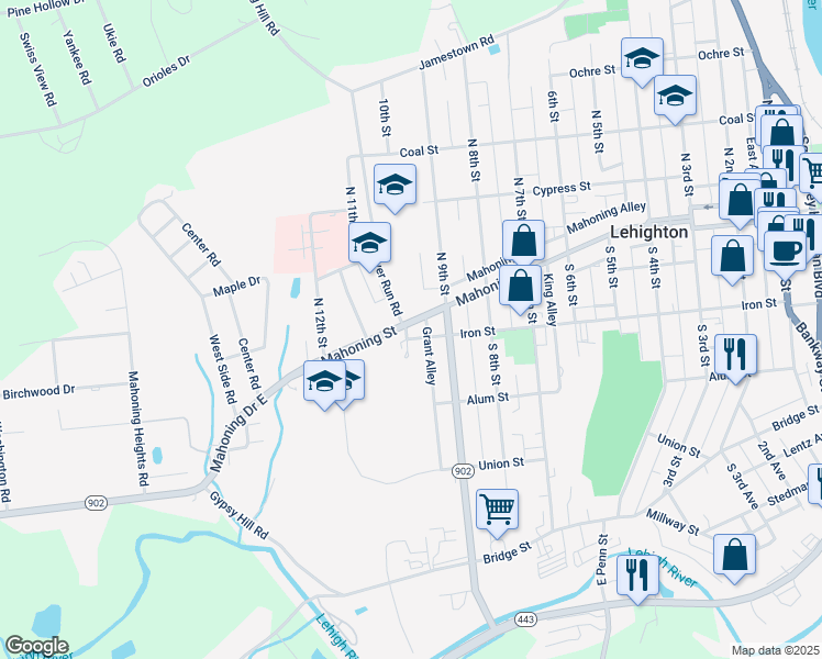 map of restaurants, bars, coffee shops, grocery stores, and more near 105 South 10th Street in Lehighton