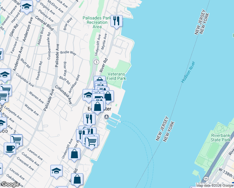 map of restaurants, bars, coffee shops, grocery stores, and more near 1111 River Road in Edgewater