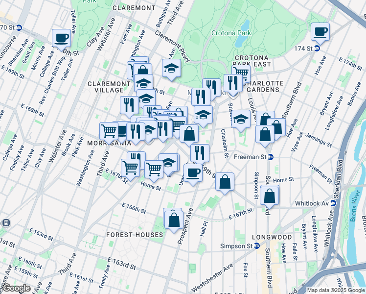 map of restaurants, bars, coffee shops, grocery stores, and more near 1297 Union Avenue in Bronx