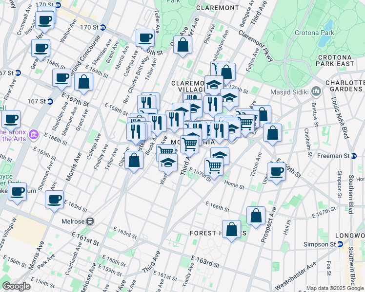 map of restaurants, bars, coffee shops, grocery stores, and more near in The Bronx