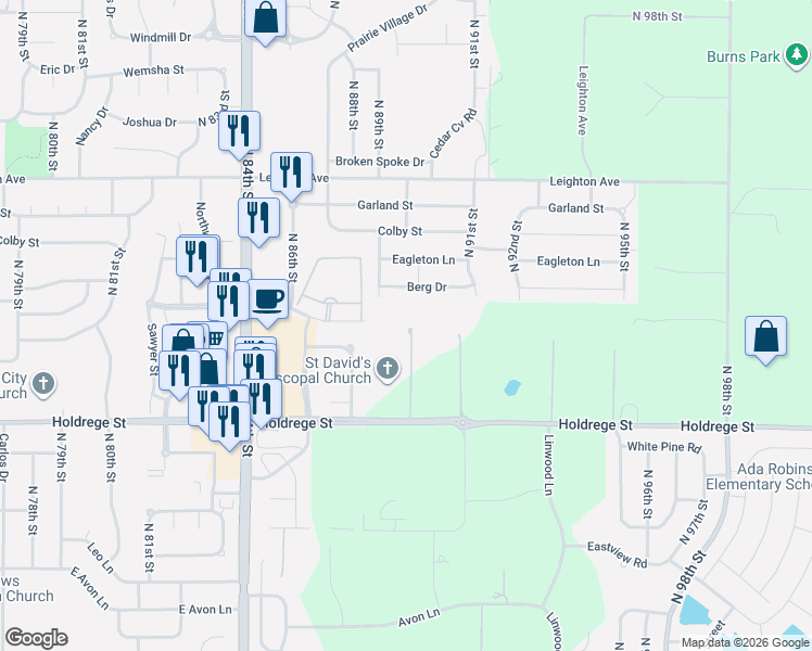 map of restaurants, bars, coffee shops, grocery stores, and more near 8840 Holdrege Street in Lincoln