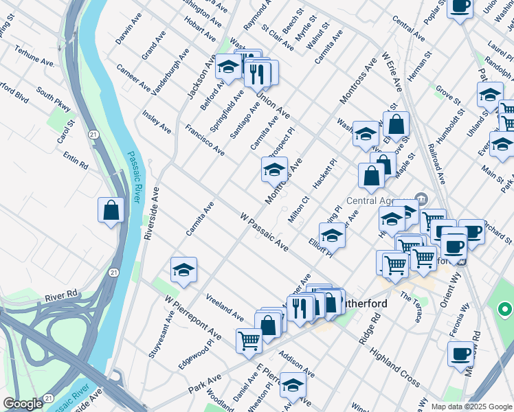 map of restaurants, bars, coffee shops, grocery stores, and more near 204 Hollister Avenue in Rutherford