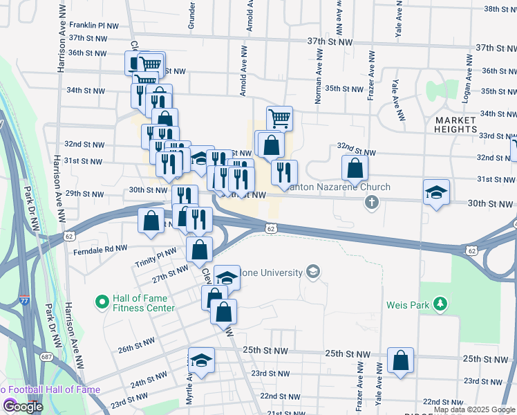 map of restaurants, bars, coffee shops, grocery stores, and more near 1106 30th Street Northwest in Canton