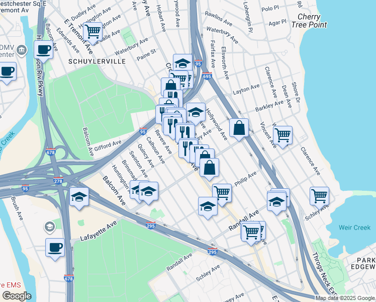 map of restaurants, bars, coffee shops, grocery stores, and more near 2926 Barkley Avenue in Bronx