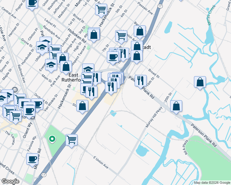 map of restaurants, bars, coffee shops, grocery stores, and more near 40 New Jersey 17 in Rutherford