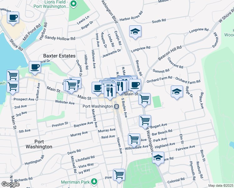 map of restaurants, bars, coffee shops, grocery stores, and more near 13 Herbert Avenue in Port Washington