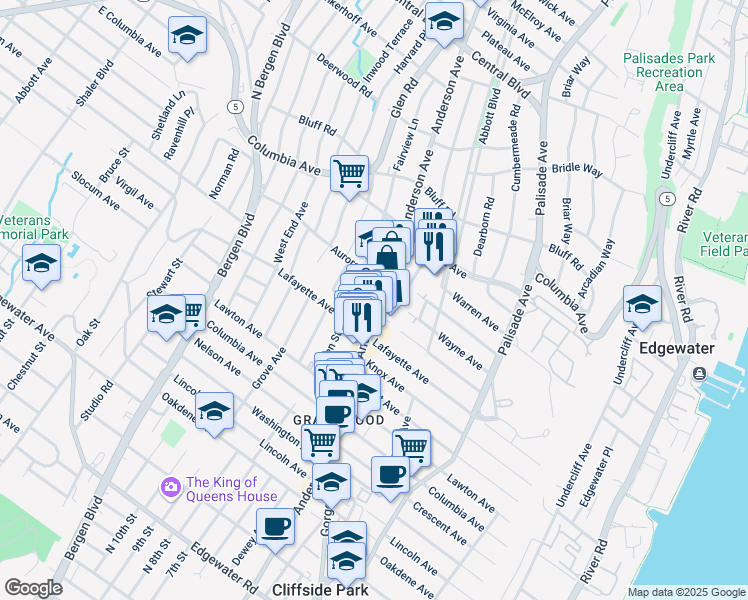map of restaurants, bars, coffee shops, grocery stores, and more near 364 Aurora Avenue in Cliffside Park