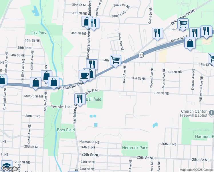 map of restaurants, bars, coffee shops, grocery stores, and more near 3037 Taft Avenue Northeast in Canton