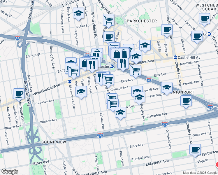 map of restaurants, bars, coffee shops, grocery stores, and more near 1234 White Plains Road in Bronx