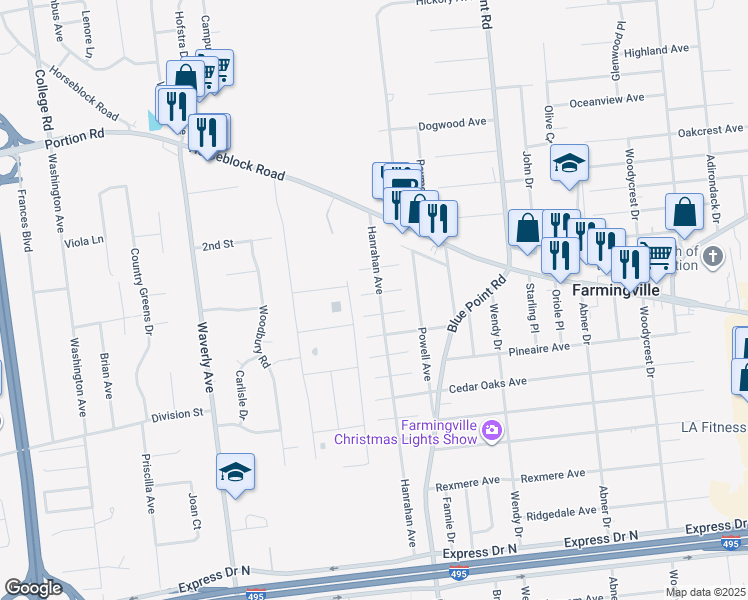 map of restaurants, bars, coffee shops, grocery stores, and more near 28 Hanrahan Avenue in Farmingville