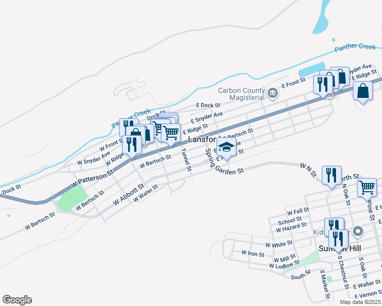 map of restaurants, bars, coffee shops, grocery stores, and more near 12 East Bertsch Street in Lansford