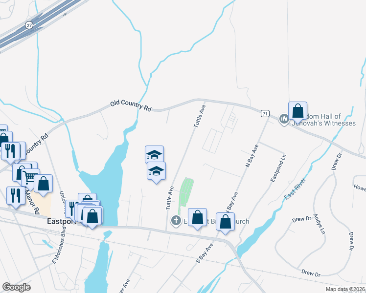 map of restaurants, bars, coffee shops, grocery stores, and more near 27 Tuttle Avenue in Eastport