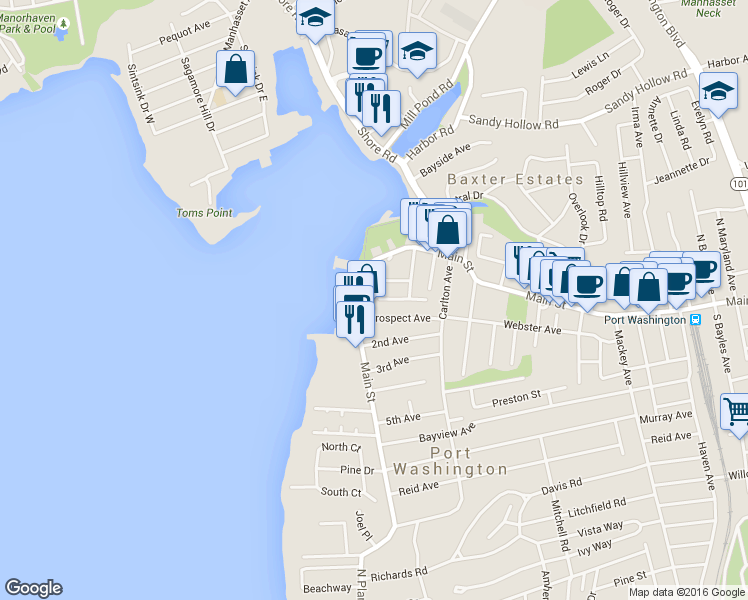 map of restaurants, bars, coffee shops, grocery stores, and more near 12 Covert Street in Port Washington