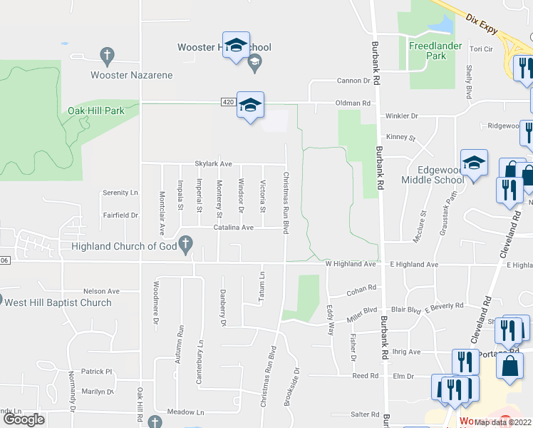 map of restaurants, bars, coffee shops, grocery stores, and more near 2525 Victoria Street in Wooster