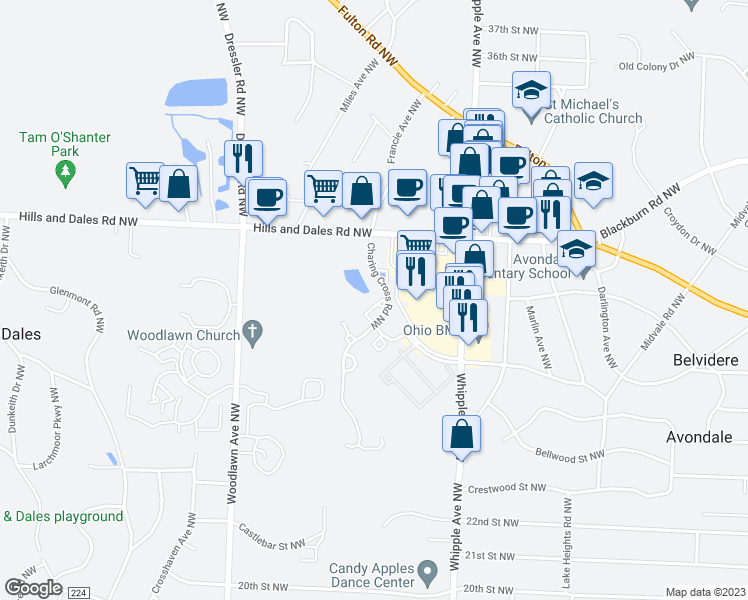 map of restaurants, bars, coffee shops, grocery stores, and more near 2883 Charing Cross Road Northwest in Canton